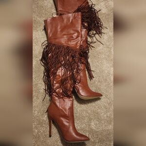 Brown Fringe Vegan Leather Michael Antonio Worry Knee-High Boots